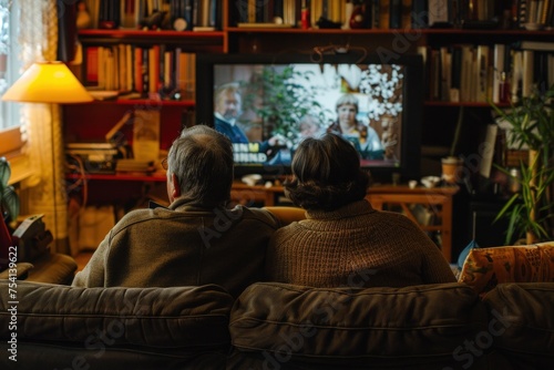 Adult couple seated on cozy sofa, immersed in watching TV together in their home.