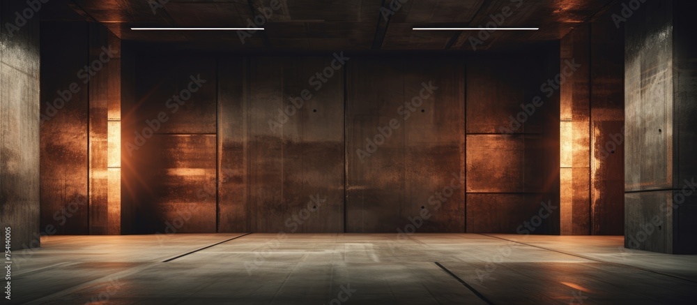 The room is illuminated by dim lighting, showcasing its wooden walls and floor. The atmosphere is cozy and slightly rustic, with a simple yet warm aesthetic. - obrazy, fototapety, plakaty 