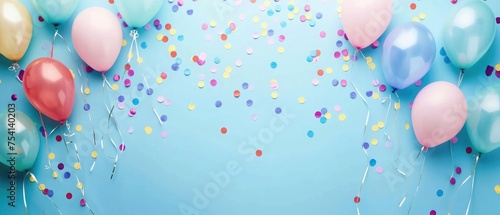 Funny birthday or party background. Colorful balloons and confetti on blue table top view. Flat lay. Greeting card.