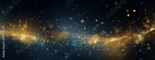 Abstract background with bokeh lights and glitter, in the style of blue and gold colors. Abstract light effects on a dark blurred background. A New Year concept. 8k, a real photo, high resolution, ult photo