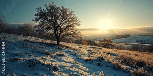 Amazing winter nature landscape in warm sunlight at sunset. Fog and frost. Snowy winter scene in sun light. Vivid sunbeams behind trees. Christmas background. Natural wild winter nature in january © AI Studio