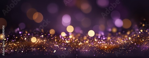 Abstract background with bokeh lights and glitter  in the style of purple and gold colors. Abstract light effects on a dark blurred background. A New Year concept. 8k  a real photo  high resolution  u