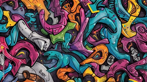 Vibrant graffiti art on weathered concrete wall  showcasing urban creativity and energy.