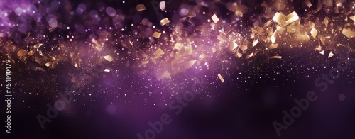 Abstract background with bokeh lights and glitter, in the style of purple and gold colors. Abstract light effects on a dark blurred background. A New Year concept. 8k, a real photo, high resolution, u