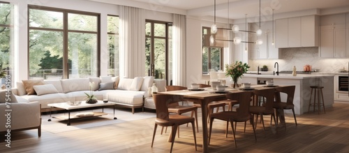 This image showcases a spacious living room filled with elegant furniture  featuring hardwood floors and flooded with natural light from numerous windows. The room is open-plan 