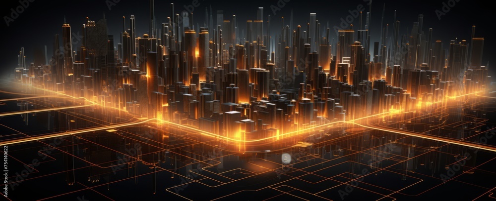 A dark background with glowing yellow and orange circuit lines connecting to various parts of the scene, representing data flow through an artificial intelligence network. The image is centered on one
