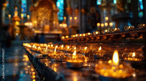 Grand cathedral with countless candles flickering, evoking a sense of reverence and spiritual devotion.
