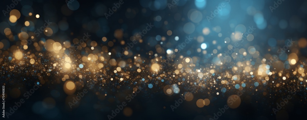 Fototapeta premium Abstract background with bokeh lights and glitter, in the style of blue and gold colors. Abstract light effects on a dark blurred background. A New Year concept. 8k, a real photo, high resolution, ult