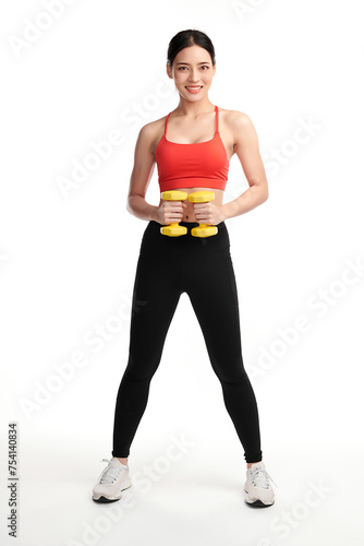 Sporty woman does the exercises with dumbbells on white background, Strength and motivation.