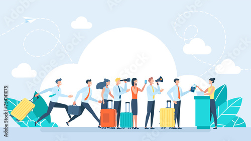 Passengers with Luggage and Aircraft Ticket at Flight Booking Counter Desk with Departures Board. Airport check in desk. Traveler queue from airport terminal check. Flat Illustration