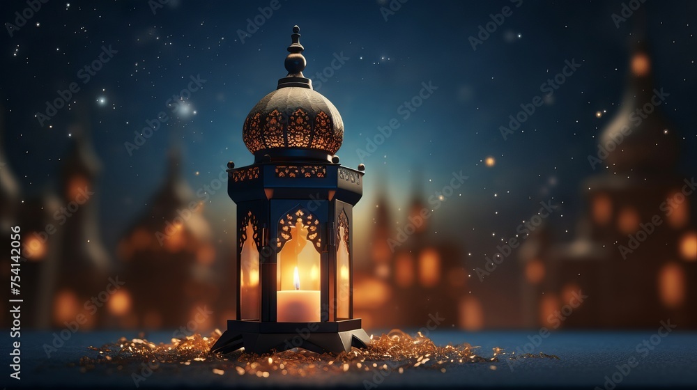 Fototapeta premium Exquisite ornamental arabic lantern illuminated by a warm glowing candle - cultural and religious symbolism captured in a stunning image