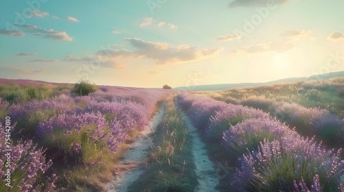 Lavender Field Under Sunset with Dirt Path  To convey a sense of tranquility and natural beauty through the depiction of a lavender field at sunset