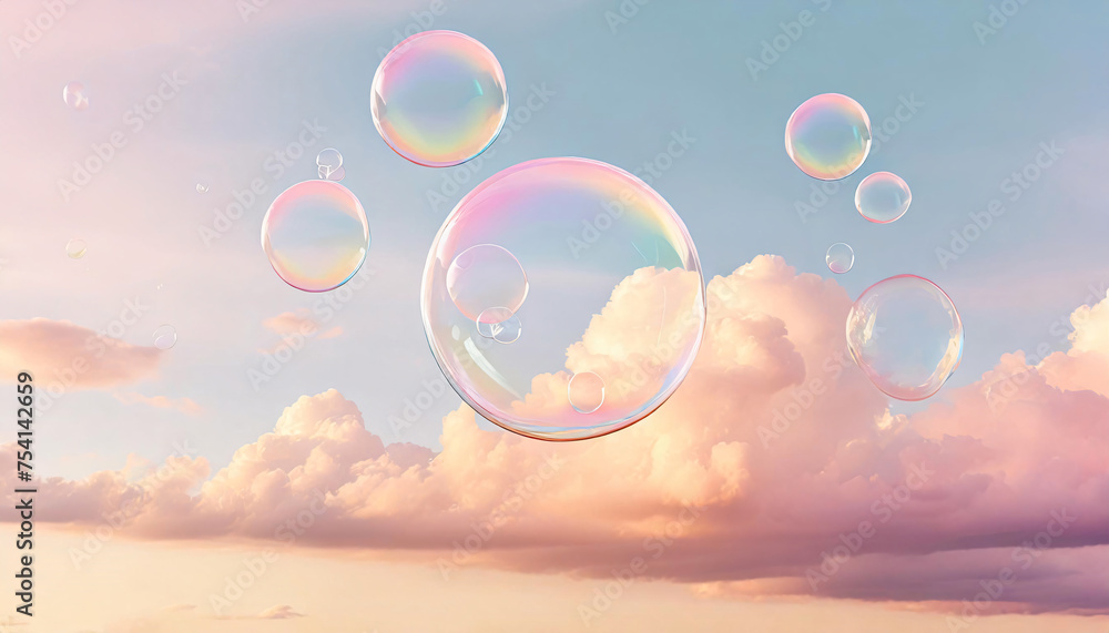 Flying soap bubbles on a pastel background with clouds, 3D art, colorful, concept art, warm colors