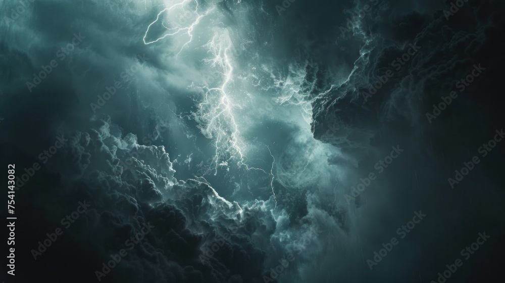 Dramatic thunderstorm clouds with intense lightning strike delivering natural electricity and power. Stormy weather patterns with dynamic cloud formation. - obrazy, fototapety, plakaty 