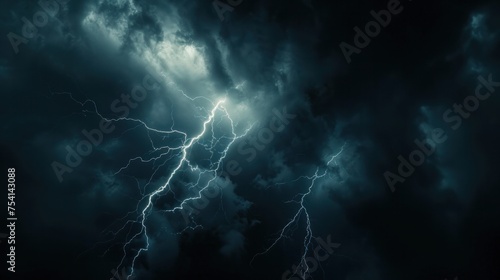 Electrifying thunderbolt in darkness. Lightning illuminates black sky with intense power and awe. Dramatic composition.