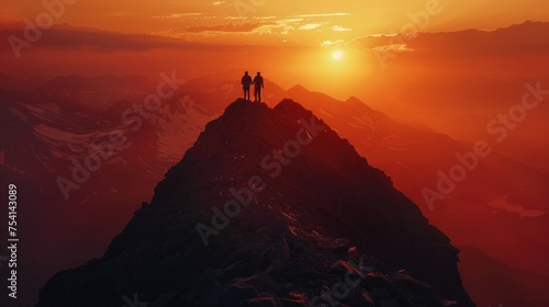 On the summit of a rugged peak, a couple clasps hands triumphantly photo