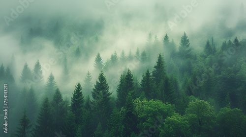 Panorama of misty landscape with fir forest in hipster. generative ai