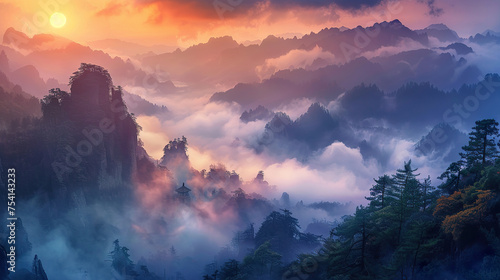 The ethereal beauty of china mountains landscape, is immersed in a captivating sea of clouds. The mystical atmosphere transforms the landscape into an enchanting wonderland