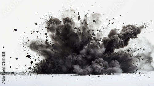 Explosive black powder burst and dark smoke on white background illustrating energy release and chaotic movement. Abstract concept of power dynamics and unrestrained force.