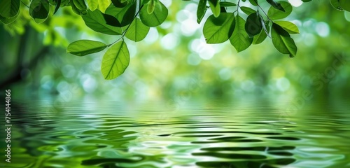 Tranquil Green Leaves and Water Reflection Scene