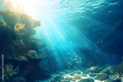 Sea or ocean underwater deep nature background with sunlight 