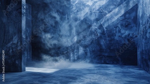 Mysterious blue ice cave with delicate light and fog creating serene atmosphere, suitable for themes related to nature's wonders and exploring unknown. Atmospheric natural environm