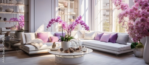 A modern living room is filled with a variety of furniture and flowers, creating a vibrant and inviting atmosphere. The room is adorned with colorful blooms,