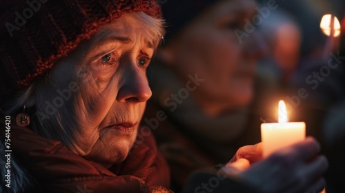 Elderly woman holding candle at vigil, reflecting solemn remembrance and hope during evening ceremony. Peaceful gathering and community support.