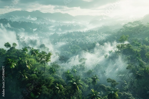 An early morning view of a dense jungle valley  shrouded in thick fog. 