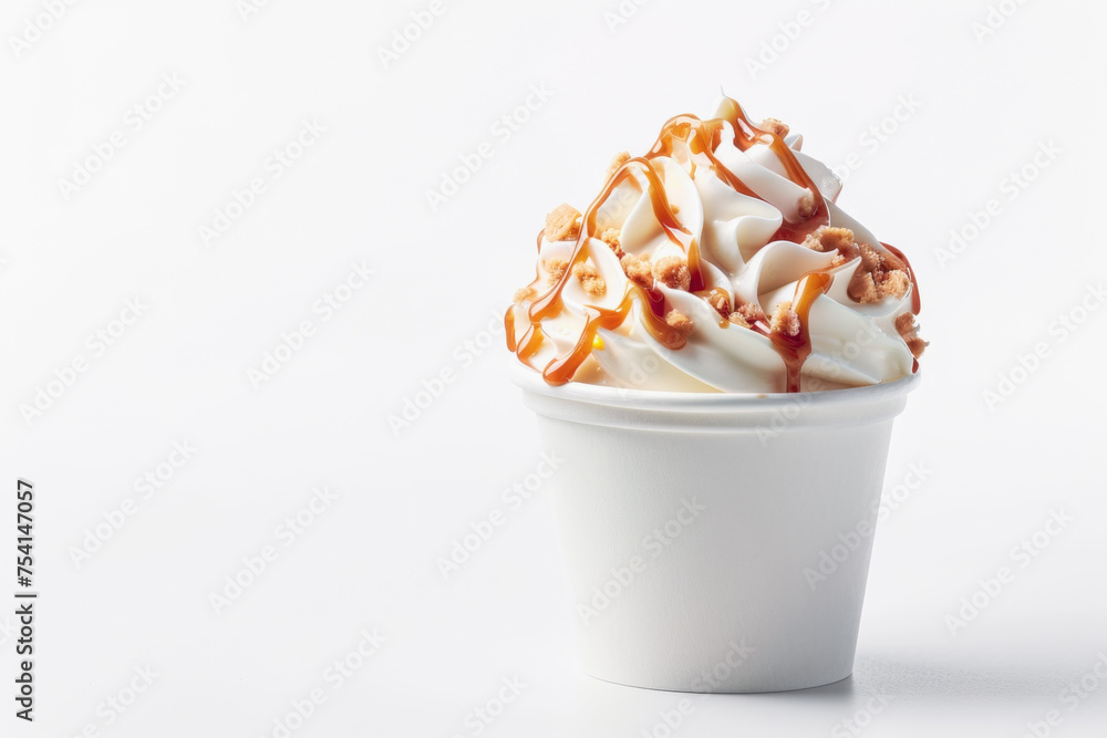delicious Soft ice cream Salted Caramel Soft Ice Cream with Apple Pieces in white blank takeaway paper cup mockup or mock up template isolated on white background delicious Soft ice cream Salted Caramel Soft Ice Cream with Apple Pieces in white blank takeaway paper cup mockup or mock up template isolated on white background
