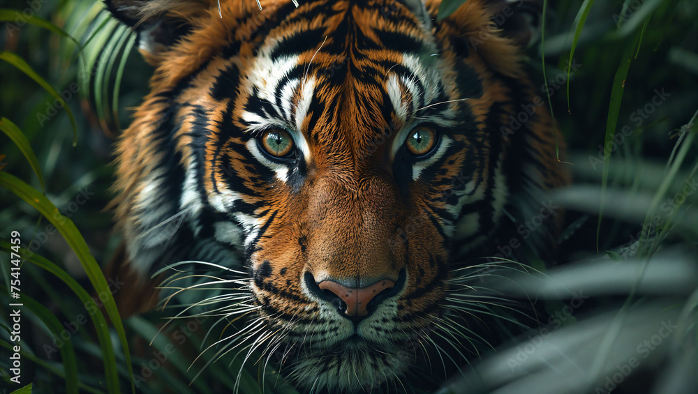 A powerful tiger stalking through dense jungle foliage, eyes locked on its prey, epitomizing stealth and strength A powerful tiger stalking through dense jungle foliage, eyes locked on its prey, epitomizing stealth and strength