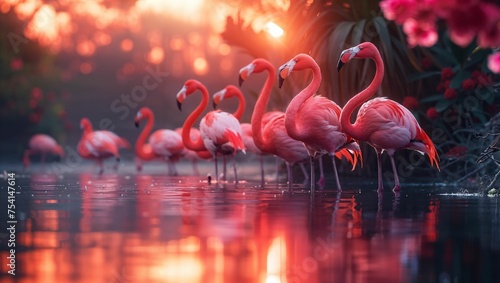 Flamingos at dawn by a serene lake, their reflections painting the water pink, a peaceful wildlife gathering