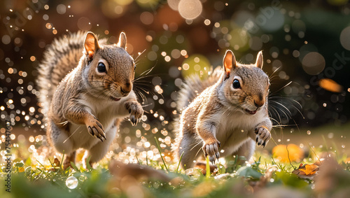 Squirrels in a playful chase, capturing their energetic and acrobatic nature in a lush green setting photo