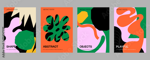 Colorful vector minimalistic Posters with bizarre abstract geometric unusual shapes and forms with different textures in matisse style, Modern wall art with aesthetic naive figures.