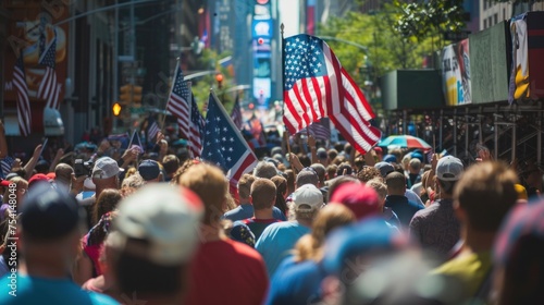 Patriotic parade honoring American flag, unity and pride. © Postproduction