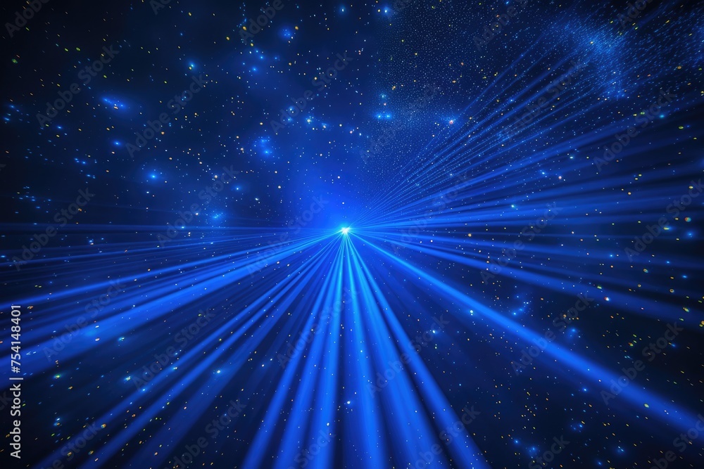 Fototapeta premium Blue Laser Light Show in Space. Abstract Illustration of Black Starry Background with Blue Glow Laser Light