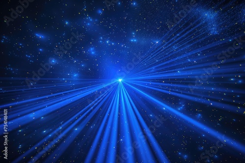 Blue Laser Light Show in Space. Abstract Illustration of Black Starry Background with Blue Glow Laser Light