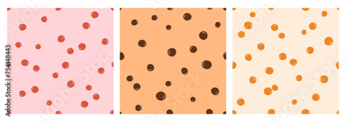 Seamless pattern with bubble milk tapioca balls, strawberry or cherry and orange balls flavors on milk tea texture vector illustration.