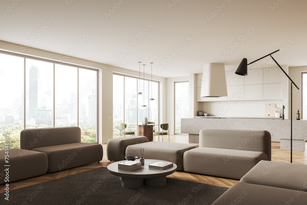 Modern home studio interior with relaxing and cooking space, panoramic window - obrazy, fototapety, plakaty 