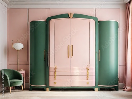 Art deco design wardrobe with pale pink white and emer Generative Ai (2) photo