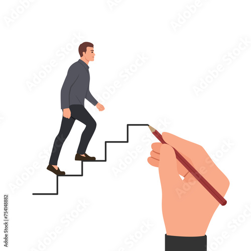 Young man is climbing career ladder. Human hand drawing stairs close up. Flat vector illustration isolated on white background