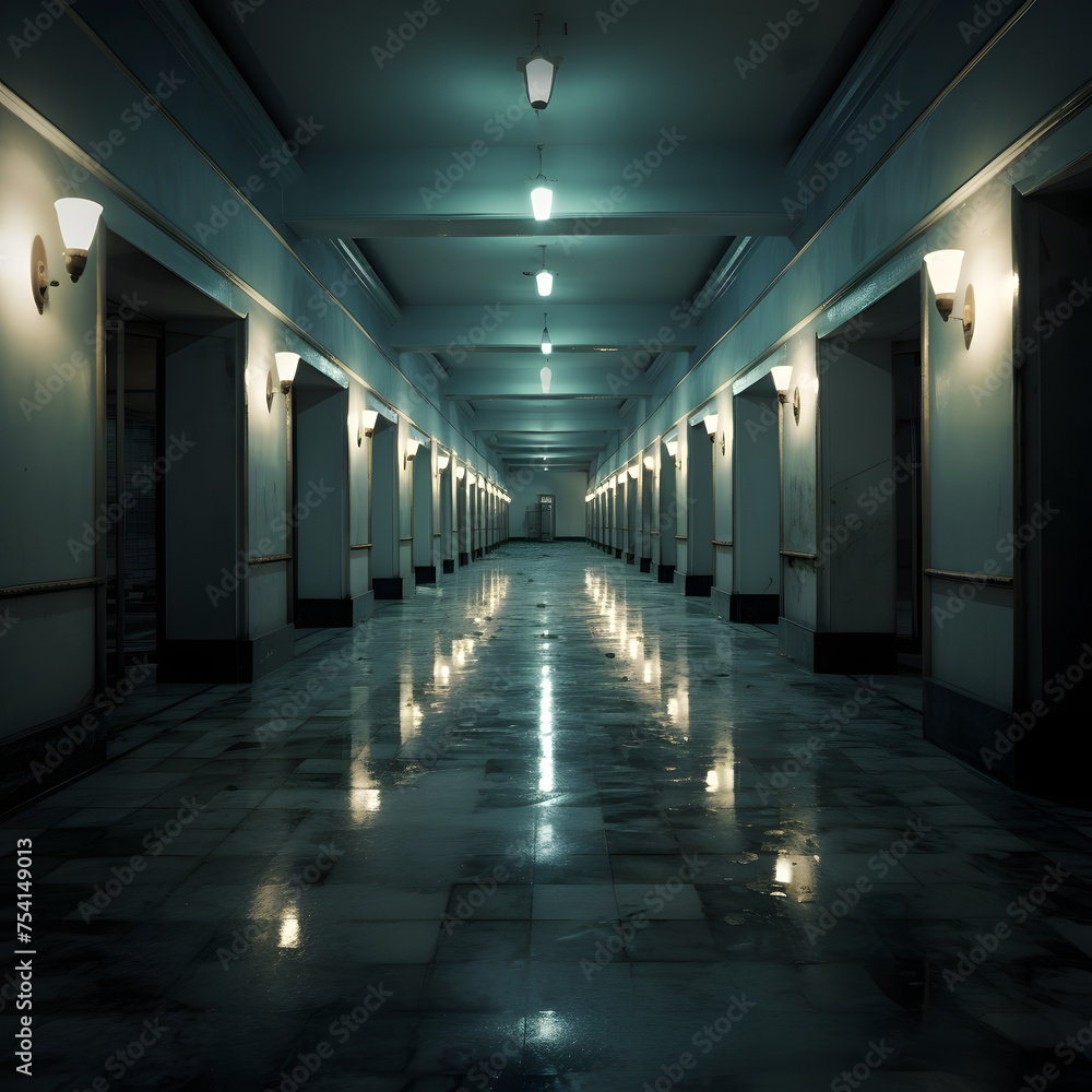 corridor in the building footsteps of Endless creepy quiet corridor