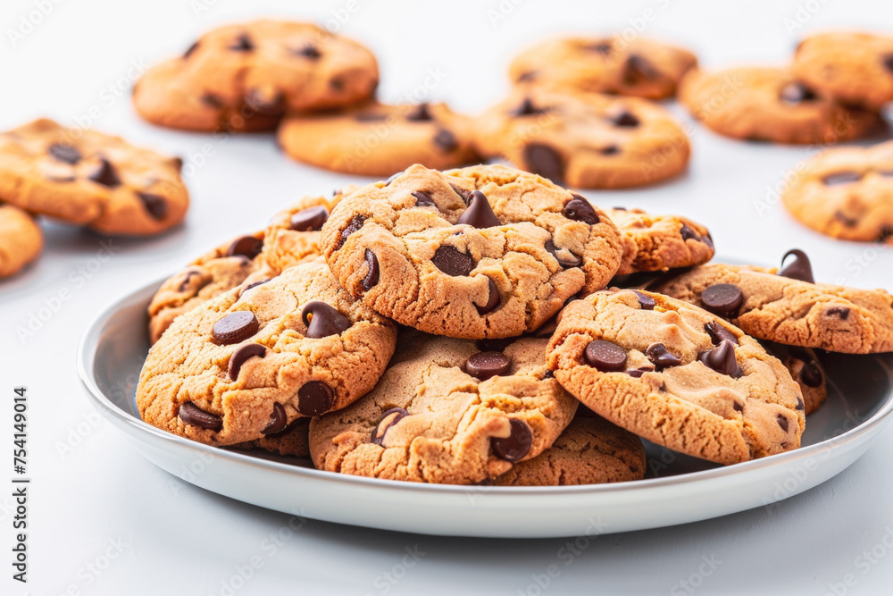 delicious Chocolate Chip Cookies a plate piled high with freshly baked chocolate chip cookiesfor a styled food photography shoot minimalist background delicious Chocolate Chip Cookies a plate piled high with freshly baked chocolate chip cookiesfor a styled food photography shoot minimalist background