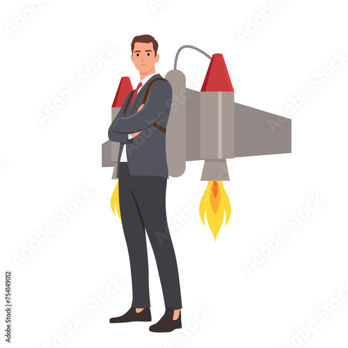 Cheerful businessman flying off with jet pack. Flat vector illustration isolated on white background