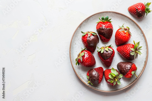 delicious Chocolate Covered Strawberries  a plate of strawberries dipped in dark chocolate photo