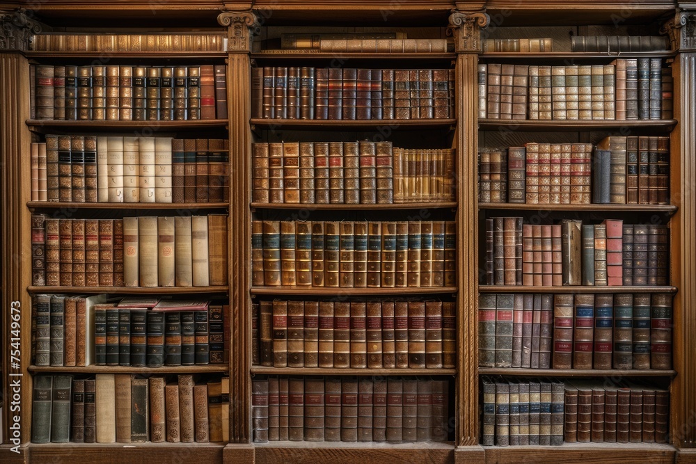 Classic Shelves. Books on Classic Oak Shelves in Library or Study with Exquisite Hardback Leather Bound Reference Books in Mahogany Wood Classic Shelves. Books on Classic Oak Shelves in Library or Study with Exquisite Hardback Leather Bound Reference Books in Mahogany Wood