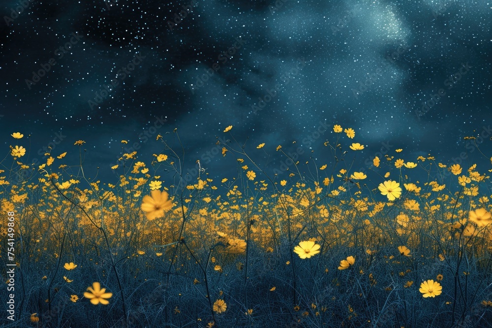 Abstract background with yellow flowers and starry night sky. 8k Abstract background with yellow flowers and starry night sky. 8k