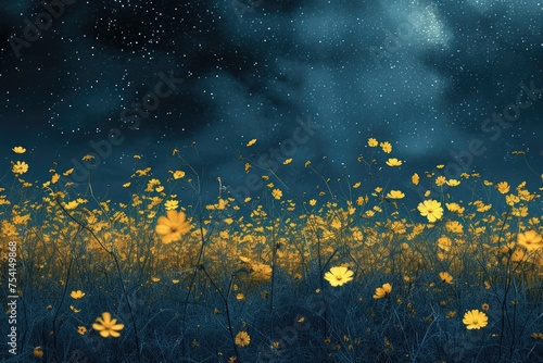 Abstract background with yellow flowers and starry night sky. 8k