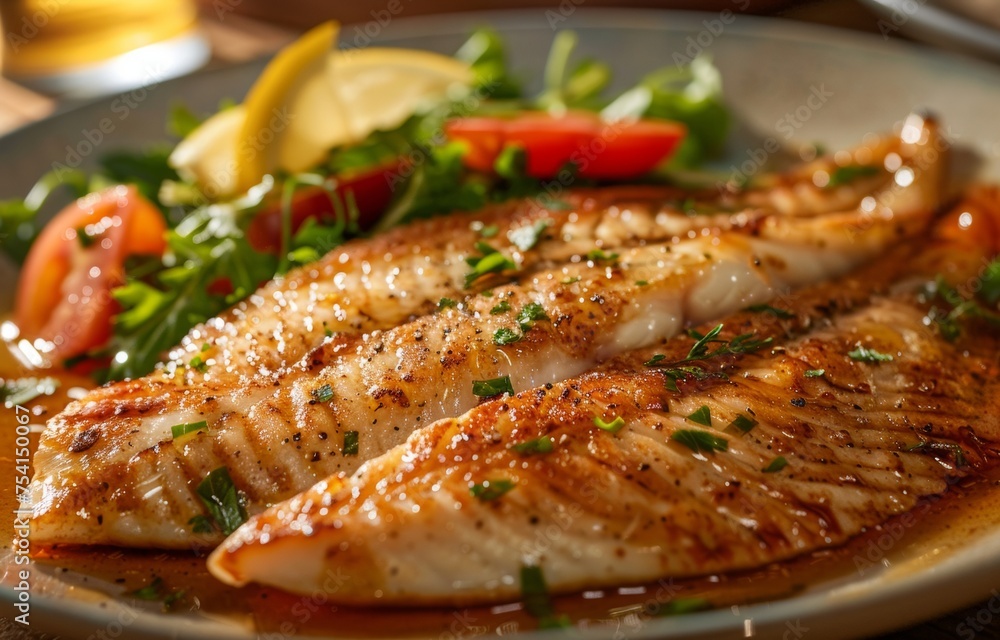 Grilled Belgian Sole Meunière with Lemon and Herbs – Gourmet Seafood Dish Close-Up Photography