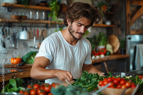 Young fit man having healthy breakfast at home, with a lot of fresh vegetables on kitchen table